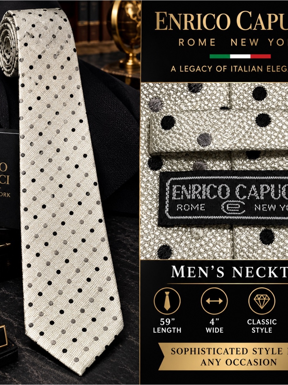 Enrico Capucci Tie 59” x 4” Wide Silver Black Polka Dot Mens Necktie